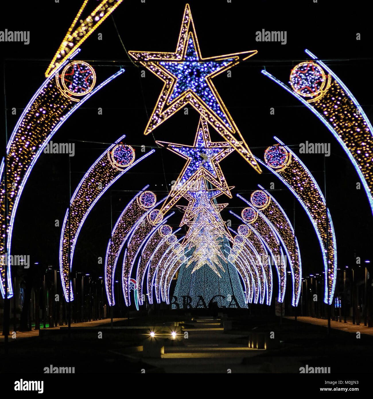 Christmas lights, Christmas tree, Christmas star decor in the streets