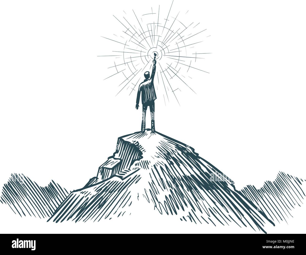 Man stands on top of mountain with torch in hand. Business, achieving goal, success, discovery concept. Sketch vector illustration Stock Vector