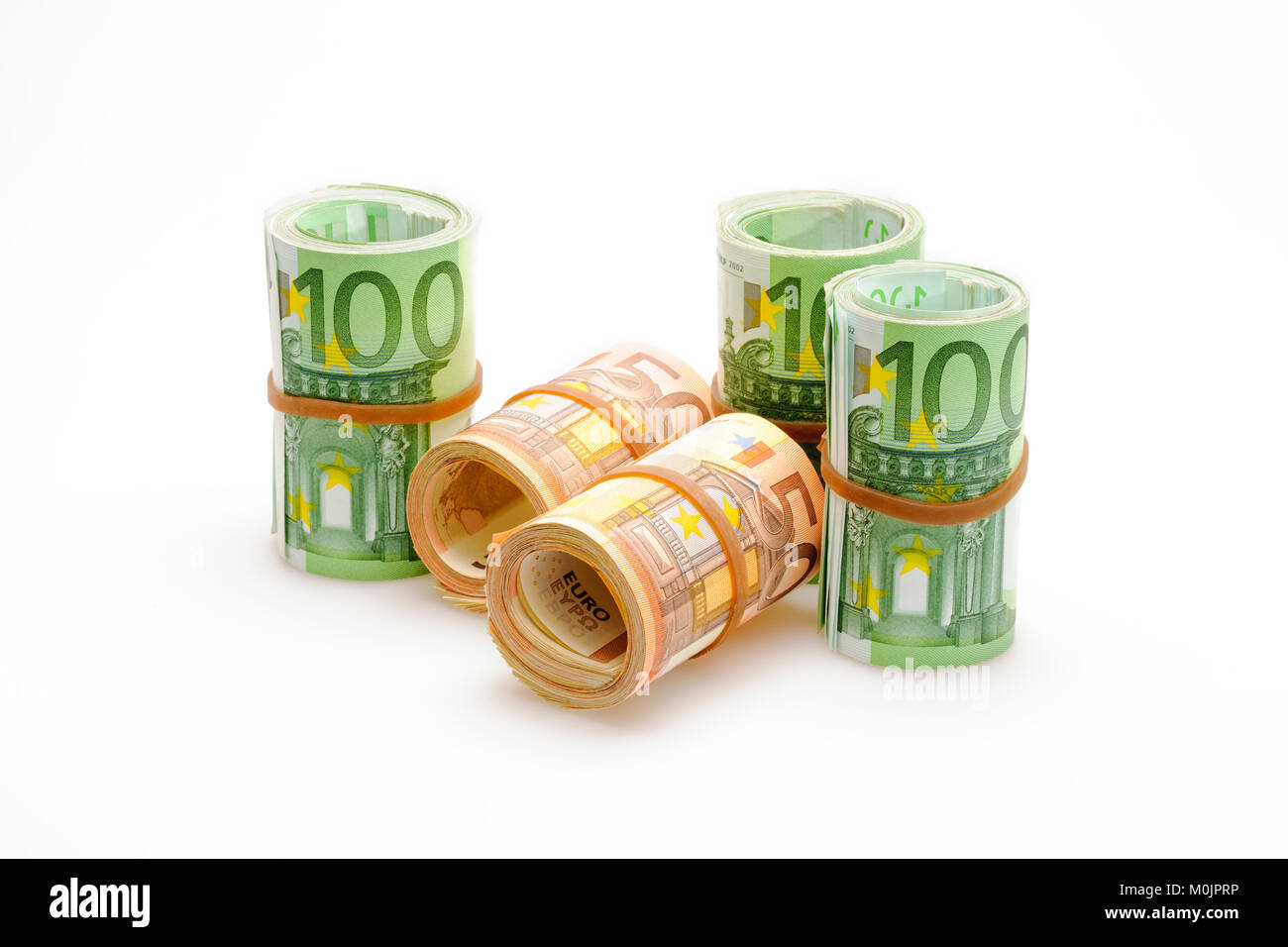 Different Euro banknotes in rolls, 50 Euro, 100 Euro Stock Photo