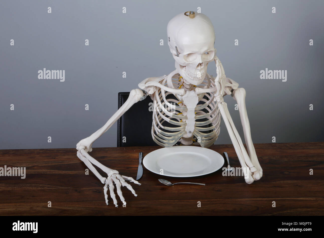 Skeleton with supported head sitting at table, Germany Stock Photo