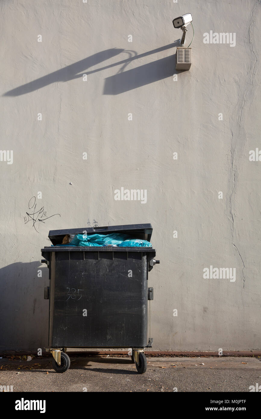 Garbage bin with video camera, surveillance camera in Cologne Ehrenfeld, North Rhine-Westphalia, Germany Stock Photo