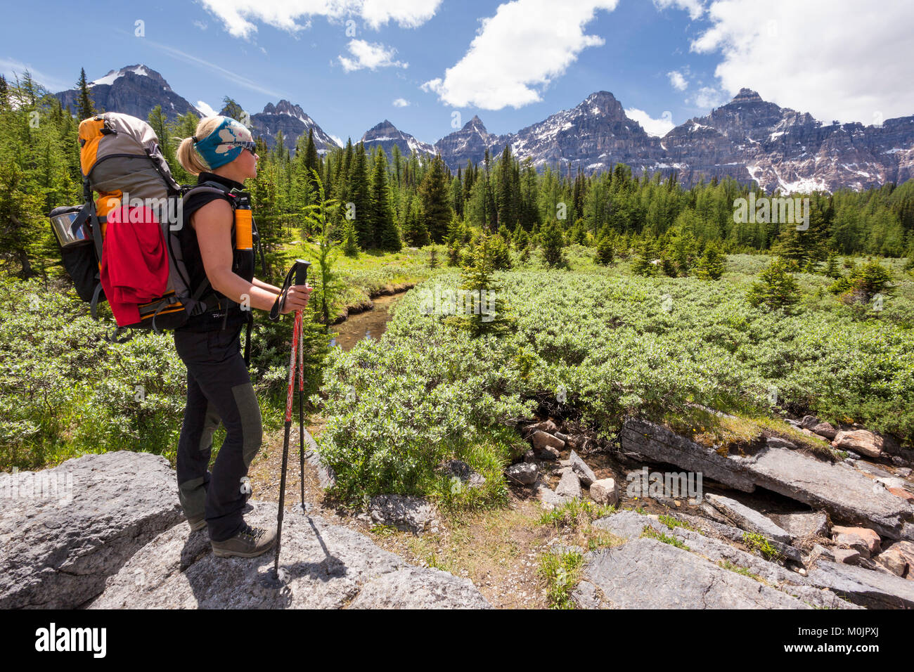 Hiker, Young woman gazes into valley, Valley of the ten Peaks, Banff National Park, Canada Stock Photo