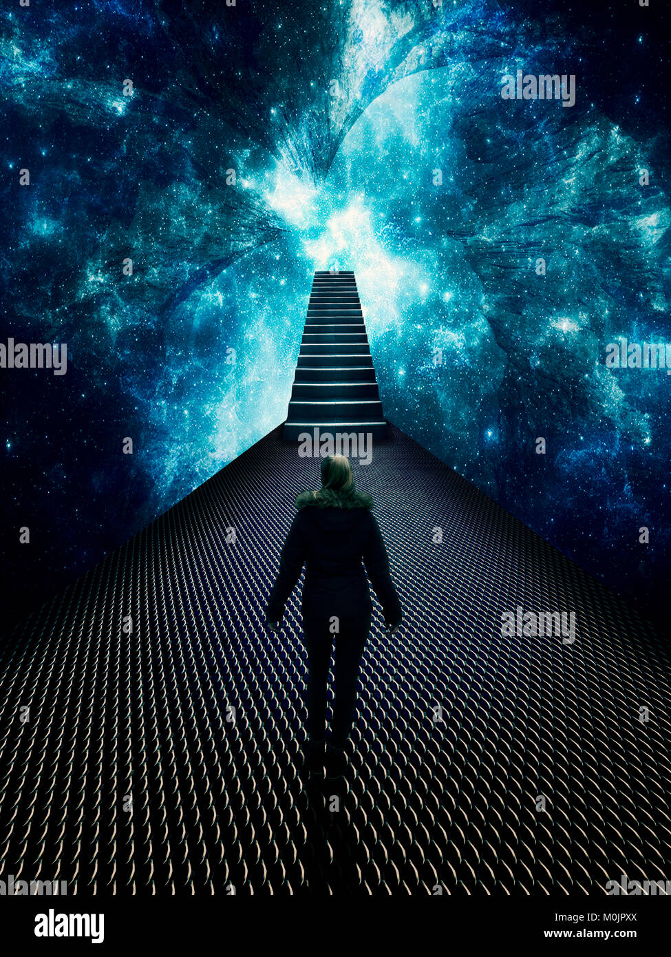 Young woman in surreal fantasy scene heading for the universe, picture composing Stock Photo
