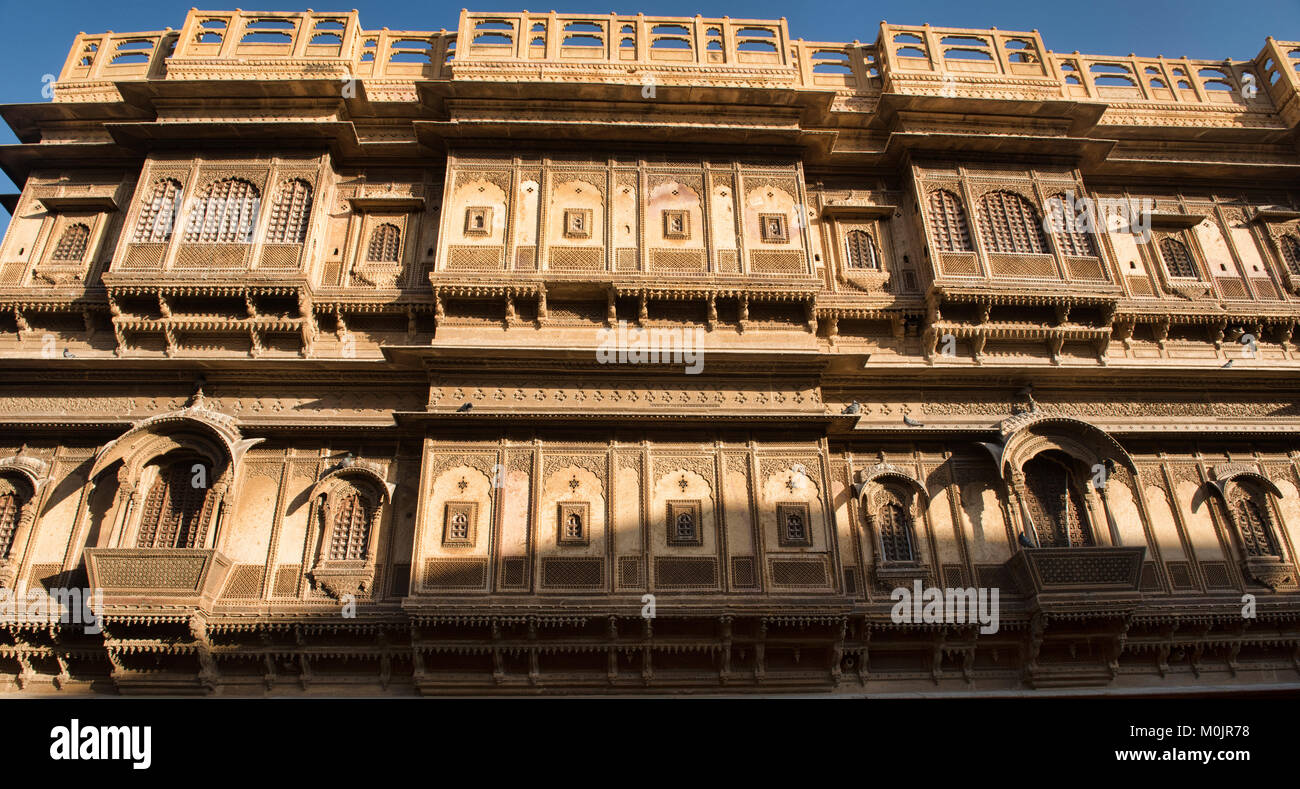 The ornate yellow sandstone carved Patwon Ji Ki Haveli, Jaisalmer, Rajasthan, India Stock Photo
