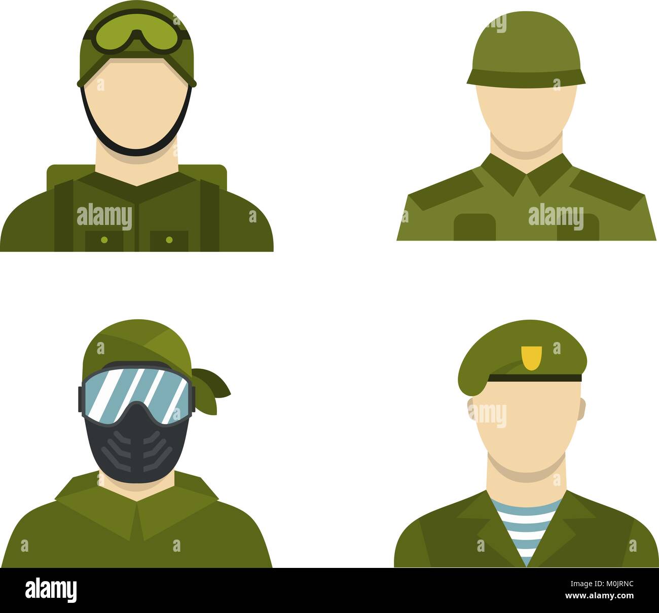 Military avatar icon set, flat style Stock Vector