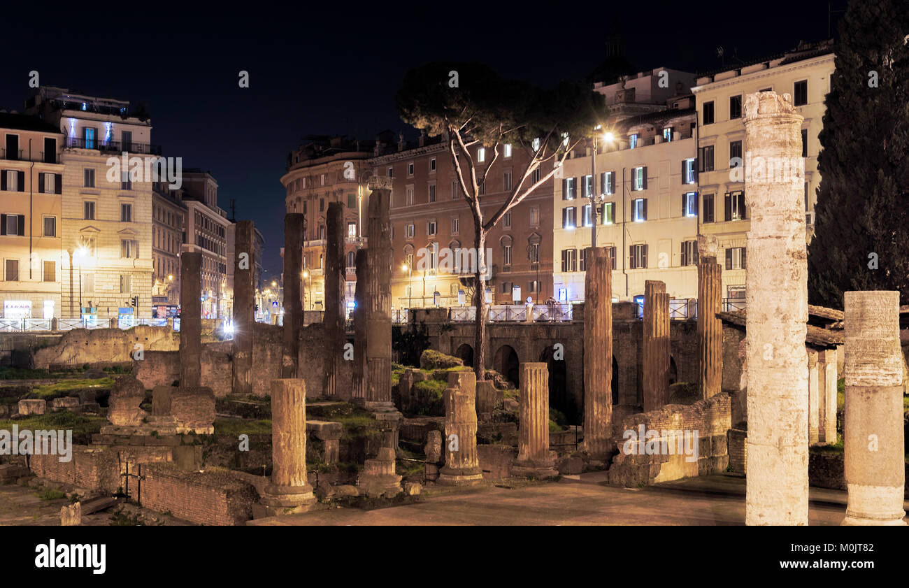 Rome, Italy, february 15, 2017: Night shot of the Archaeological area of Largo di Torre Argentina in Rome Stock Photo