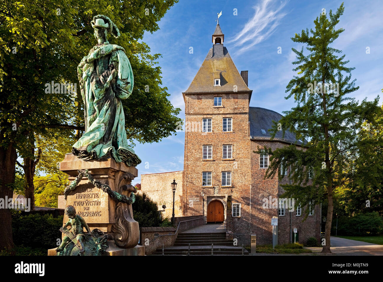 Grafschafter Museum in Moers Castle with the monument to Elector Luise Henriette von Brandenburg, Moers, North Rhine-Westphalia Stock Photo