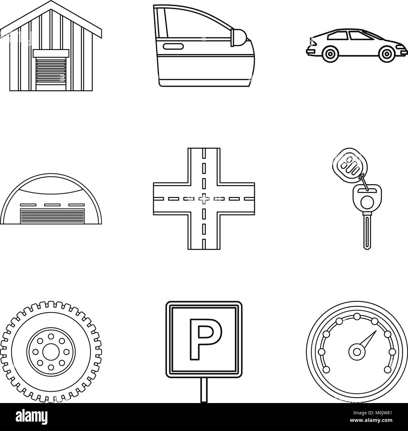 Covered parking icons set, outline style Stock Vector