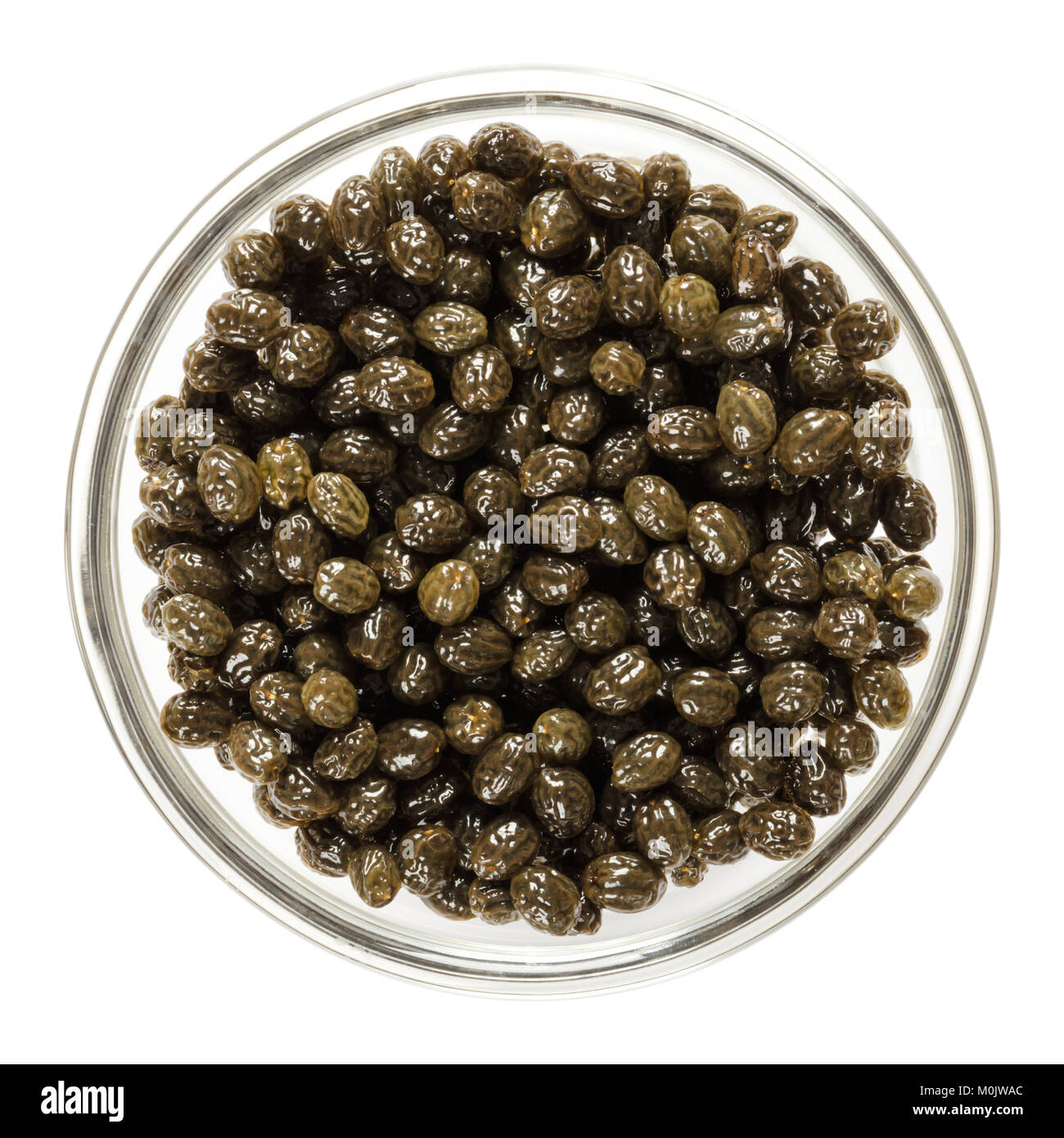 Fresh black papaya seeds in glass bowl. Edible and with sharp, spicy taste. A substitute for pepper and to defeat parasites. Carica papaya. Stock Photo