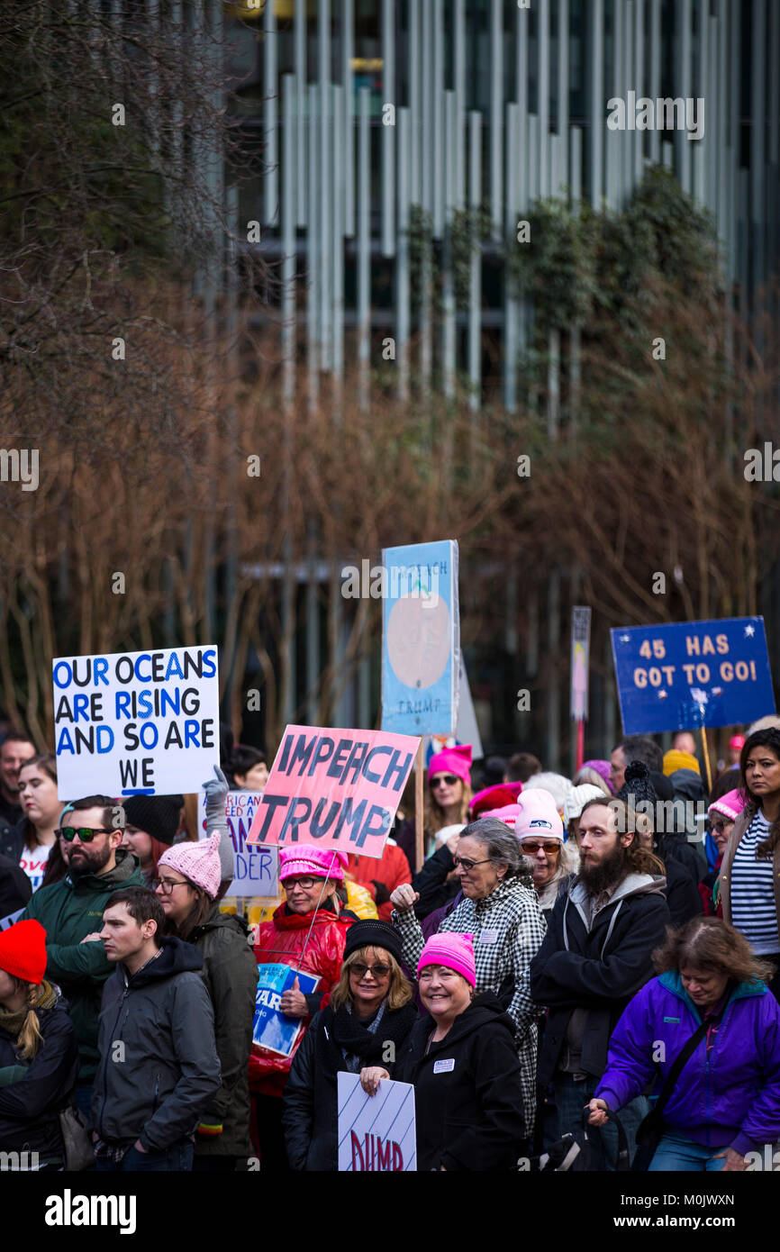 Women march for their rights and to protest against President Donald Trump on January 20, 2018. Portland, Oregon, United States. Stock Photo