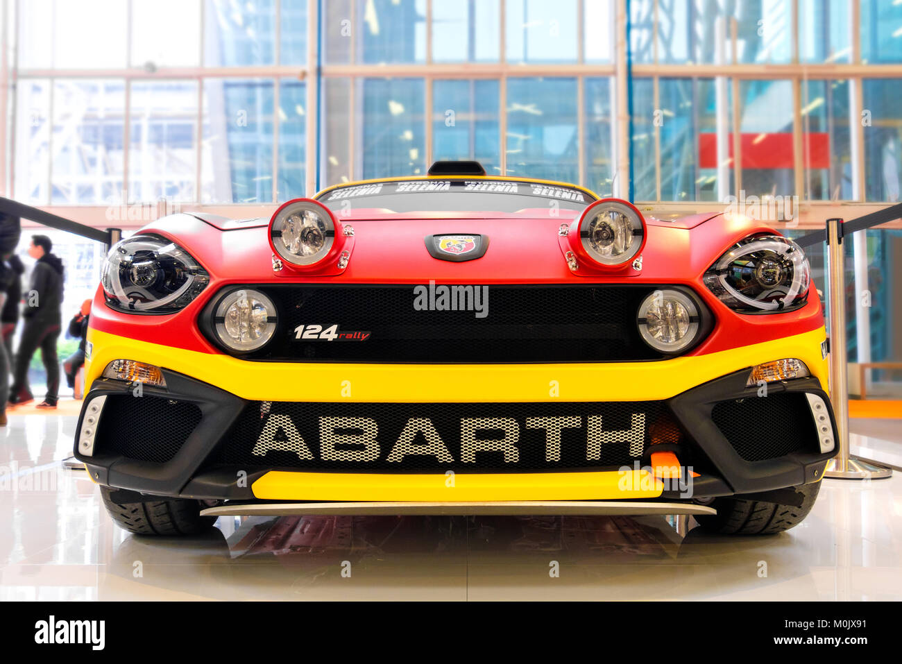 front view Fiat Abarth 124 rally tuned sport cars Stock Photo