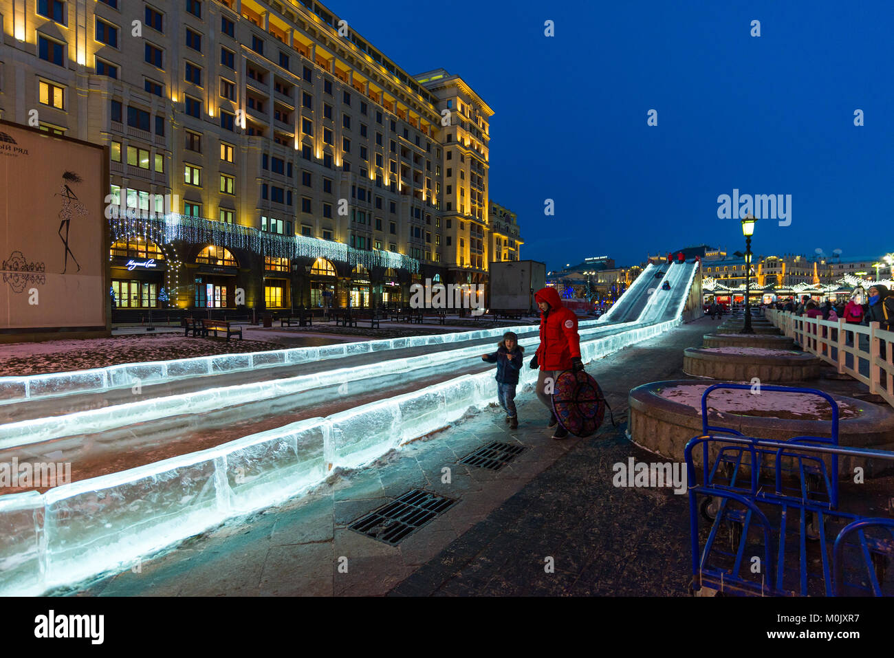 Moscow, Russia - January 10. 2018. Ice slide on Manezhnaya Square as part of festival - trip to Christmas Stock Photo
