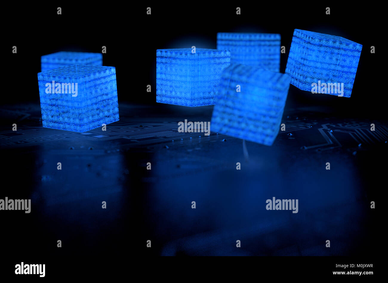 A concept showing a network of interconnected blocks of data depicting a cryptocurrency blockchain data on a dark background - 3D render Stock Photo
