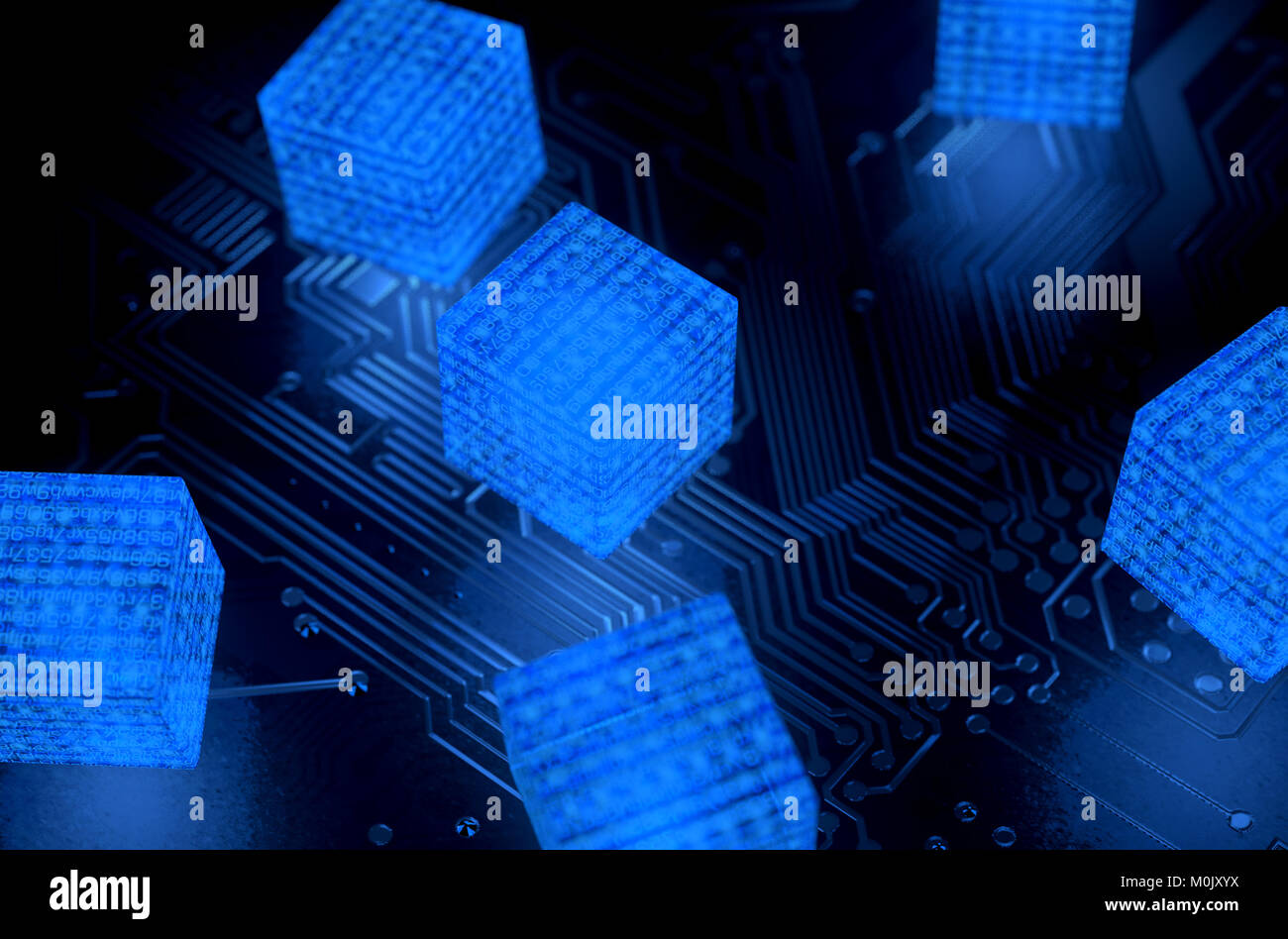 A concept showing a network of interconnected blocks of data depicting a cryptocurrency blockchain data on a dark background - 3D render Stock Photo