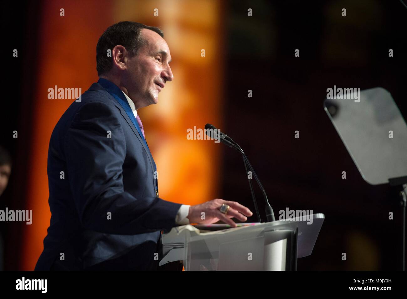 Duke University and USA Basketball Head Mens Basketball Coach Mike Krzyzewski speaks during the Tragedy Assistance Program for Survivors (TAPS) Honor Guard Gala at the National Building Museum April 12, 2017 in Washington, DC. Stock Photo