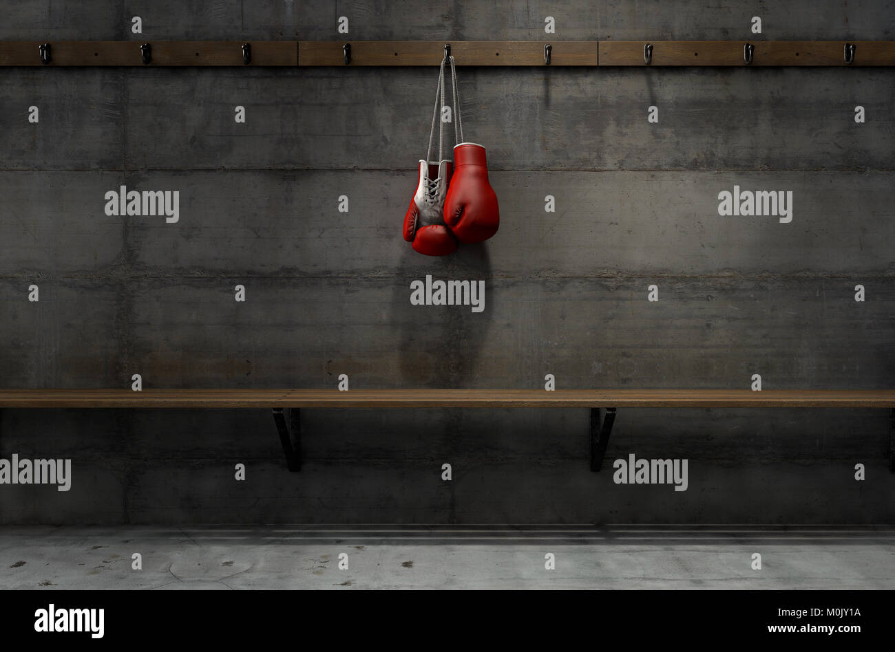 Spotlit boxing gloves hanging on a hanger above an empty wooden bench in a locker change room - 3D render Stock Photo