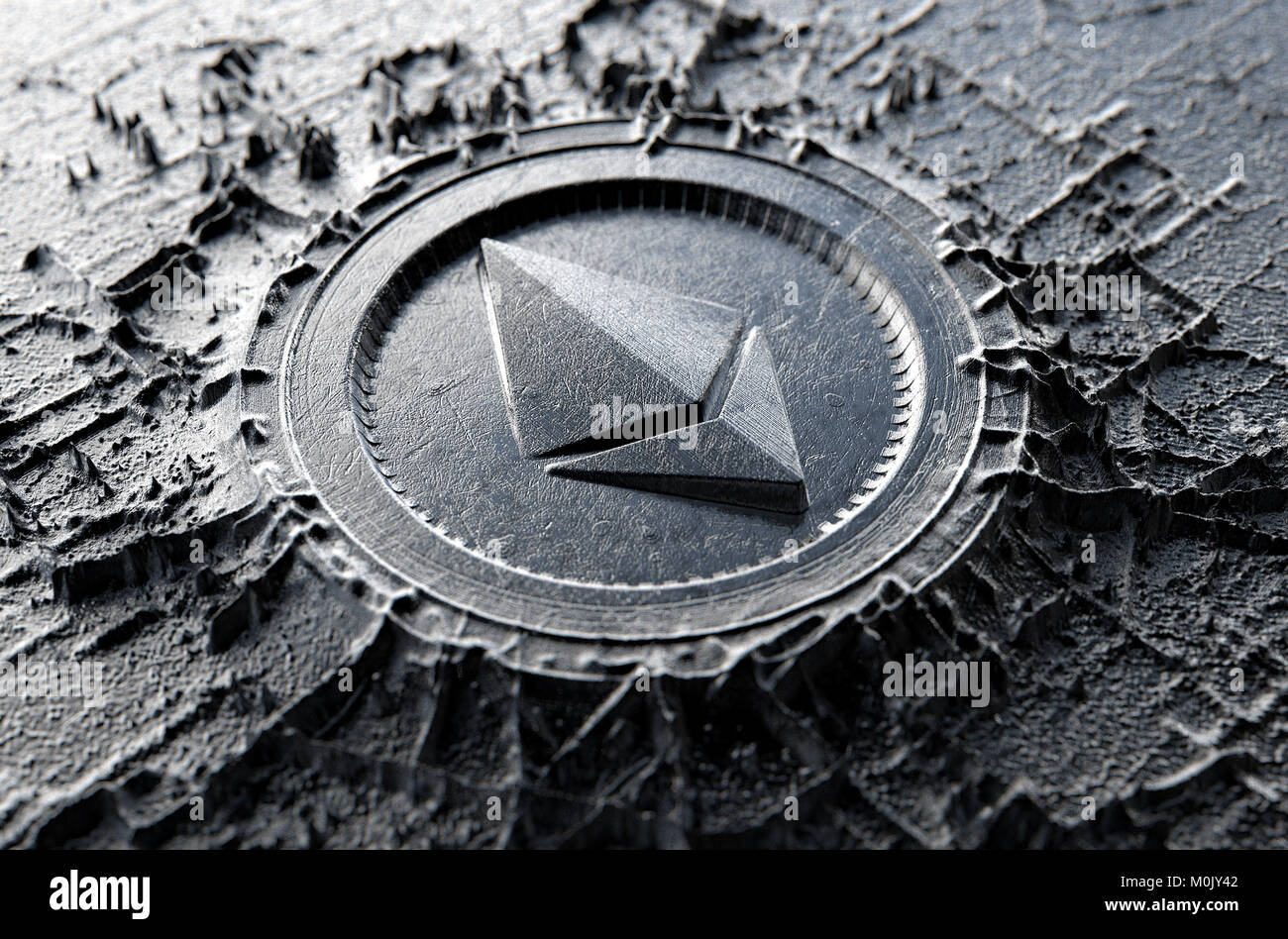 A microscopic closeup concept of cast or mined metal that builds up to form a physical ethereum cryptocurrency symbol - 3D render Stock Photo