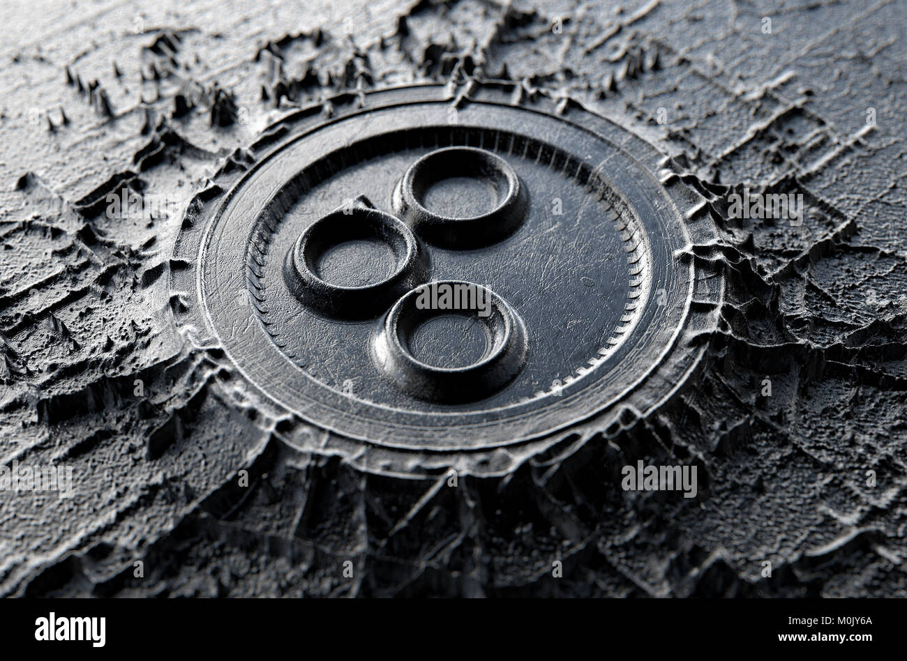 A microscopic closeup concept of cast or mined metal that builds up to form a physical omisego cryptocurrency symbol - 3D render Stock Photo