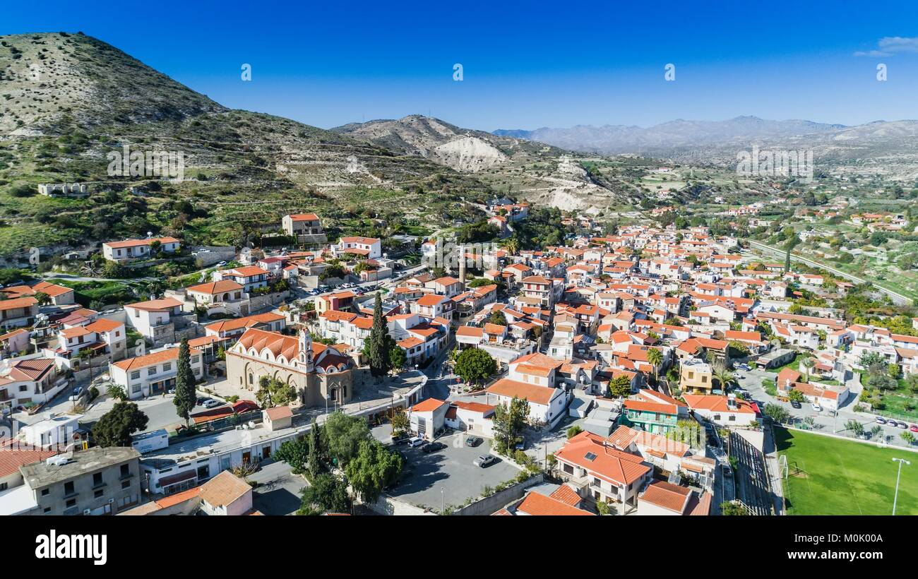 Aerial bird's eye view of Kalavasos village valley, Larnaca, Cyprus. A