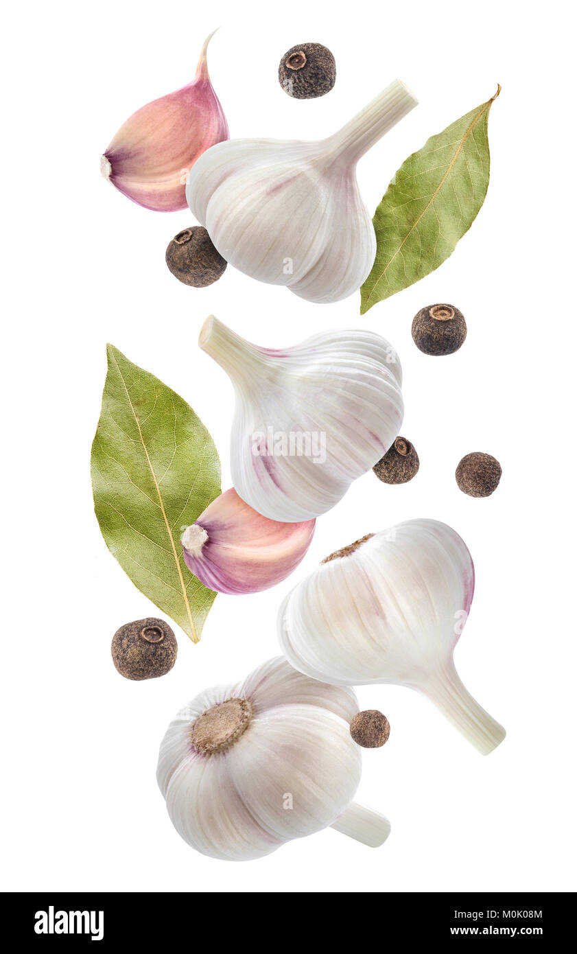 Falling spices. Garlic, allspice and bay leaf isolated on white