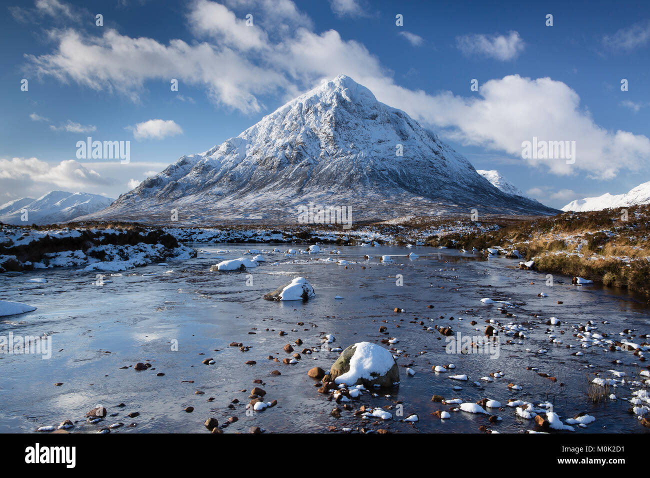 Stob Dearg, the peak at the northern end of Buachaille Etive Mor, from the River Coupall in Glencoe, Scotland Stock Photo