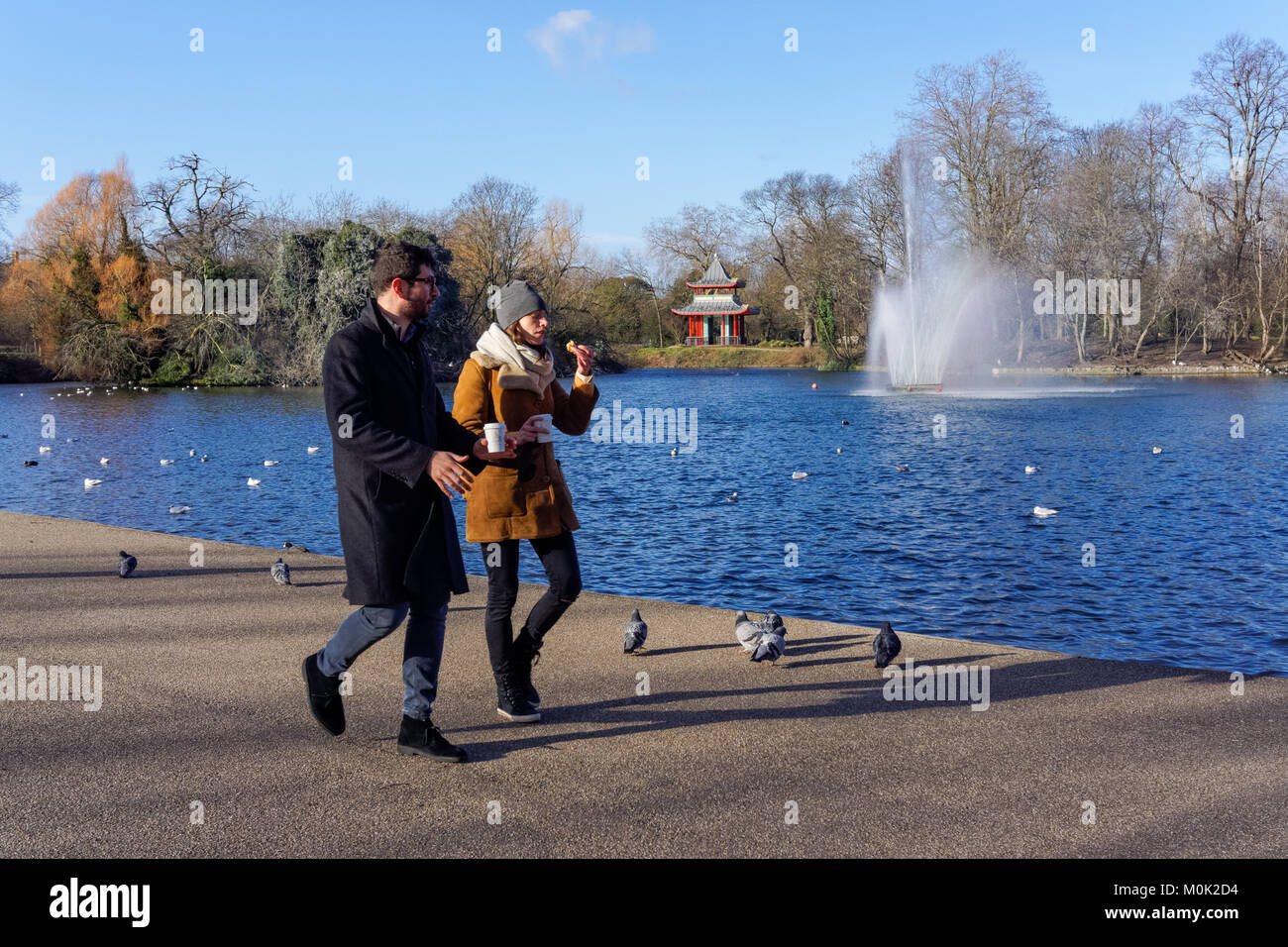 Young couple in Victoria Park during winter, London England United Kingdom UK Stock Photo