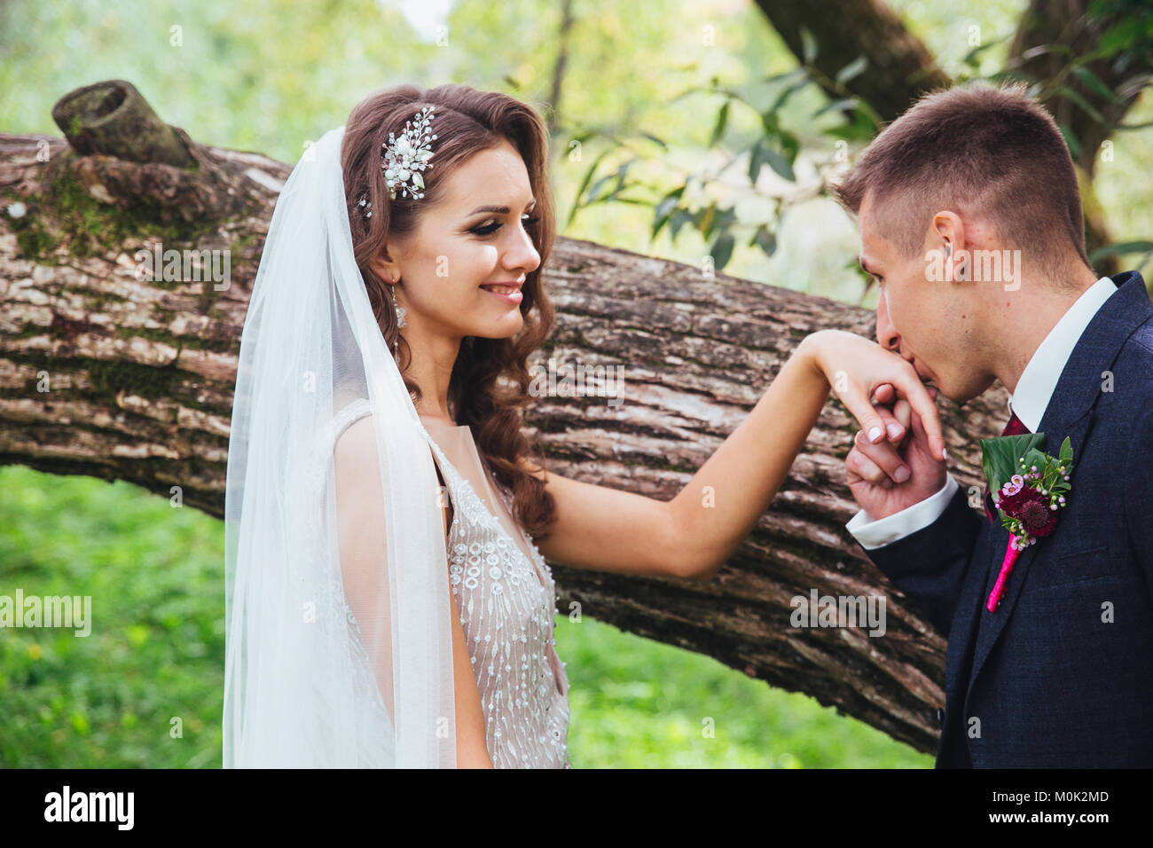 Groom kissing handhis wife in park . Happy bride and groom on their ...
