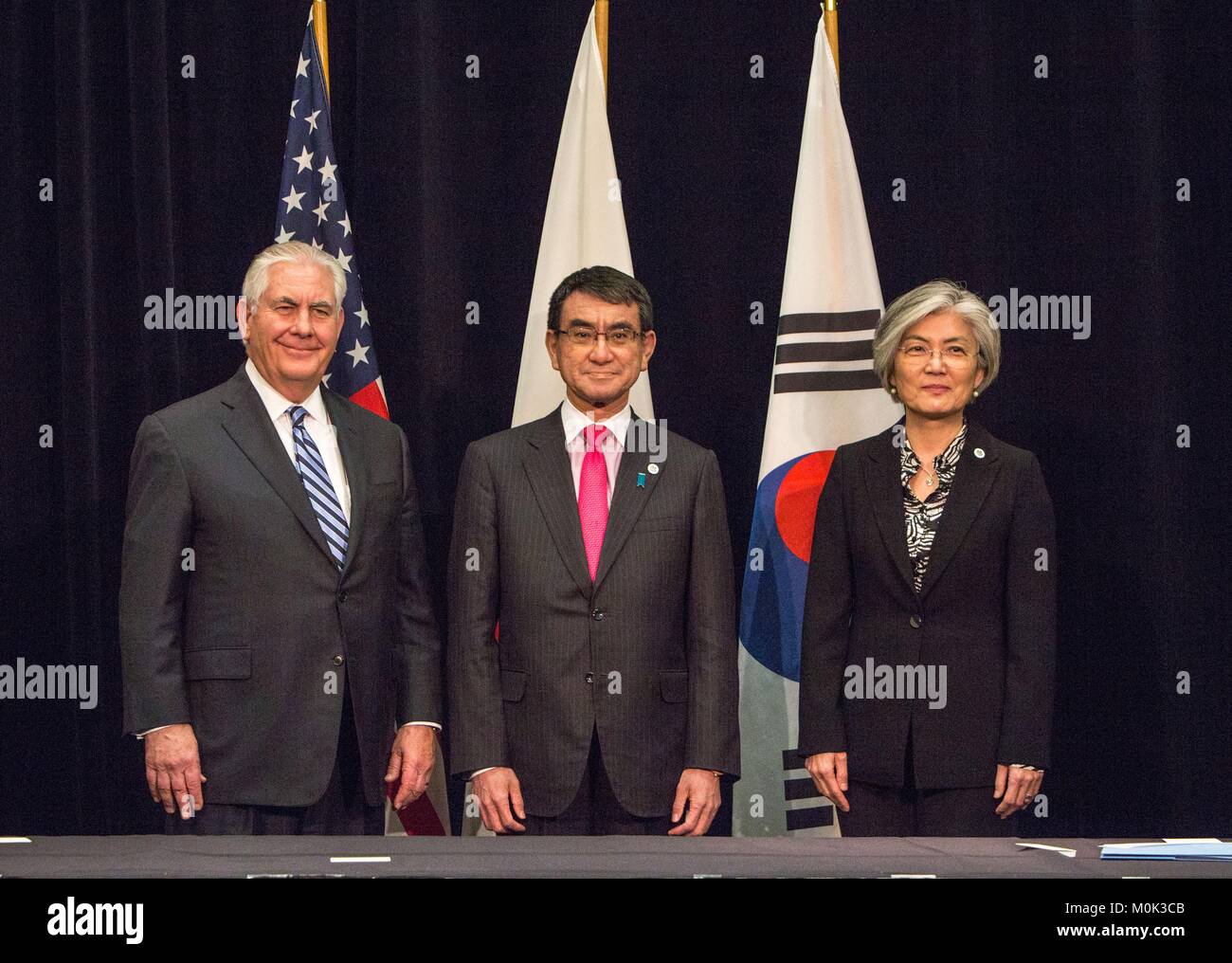 U.S. Secretary of State Rex Tillerson (left) meets with Japanese Foreign Minister Taro Kono and South Korean Foreign Minister Kang Kyung-wha during the Vancouver Foreign Ministers Meeting on Security and Stability on the Korean Peninsula January 16, 2018 in Vancouver, British Columbia, Canada. Stock Photo