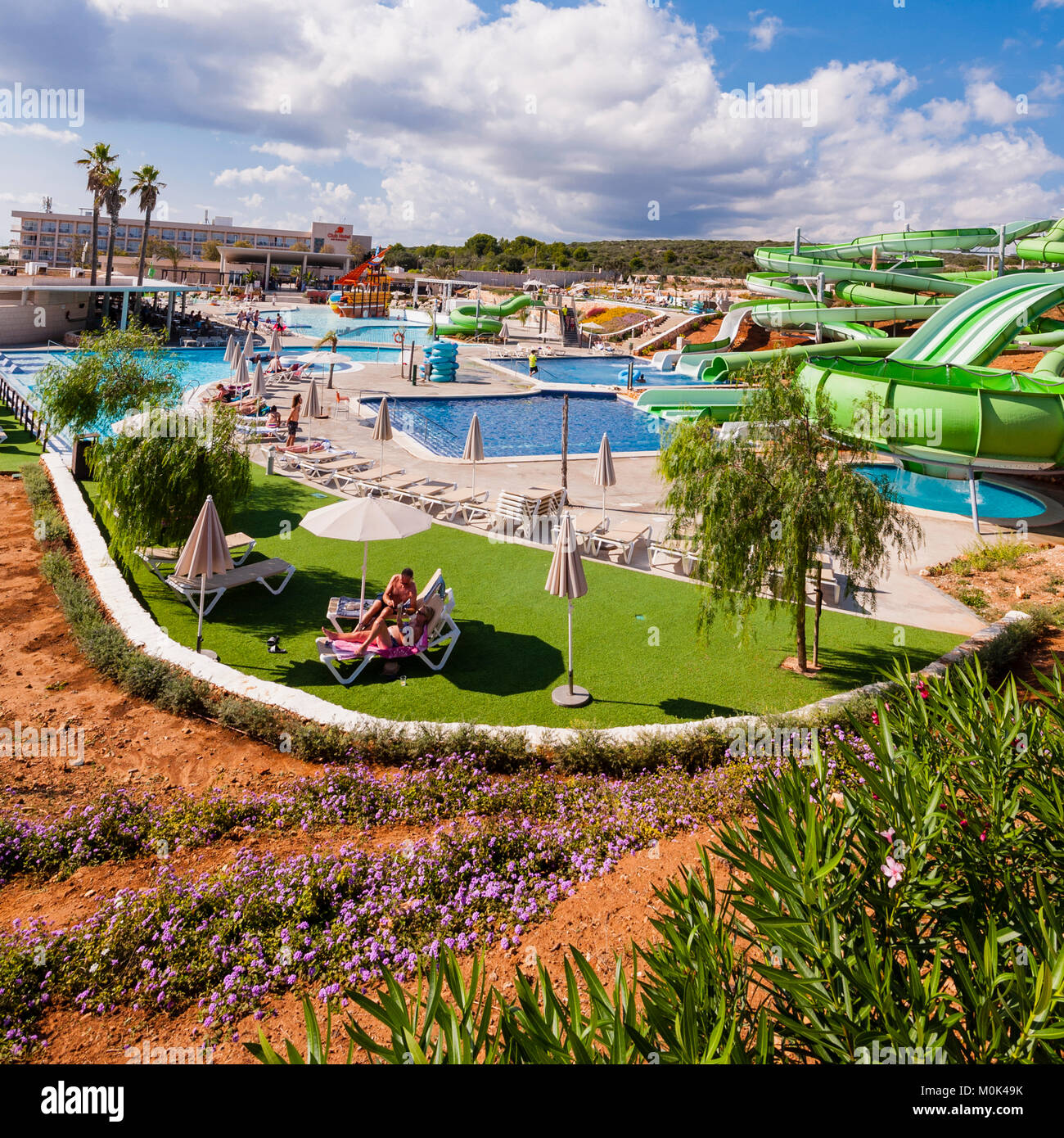 Splash World water park at Hotel Sur Menorca in the small village of Biniancolla-Punta Prima , Menorca , Balearic Islands , Spain Stock Photo