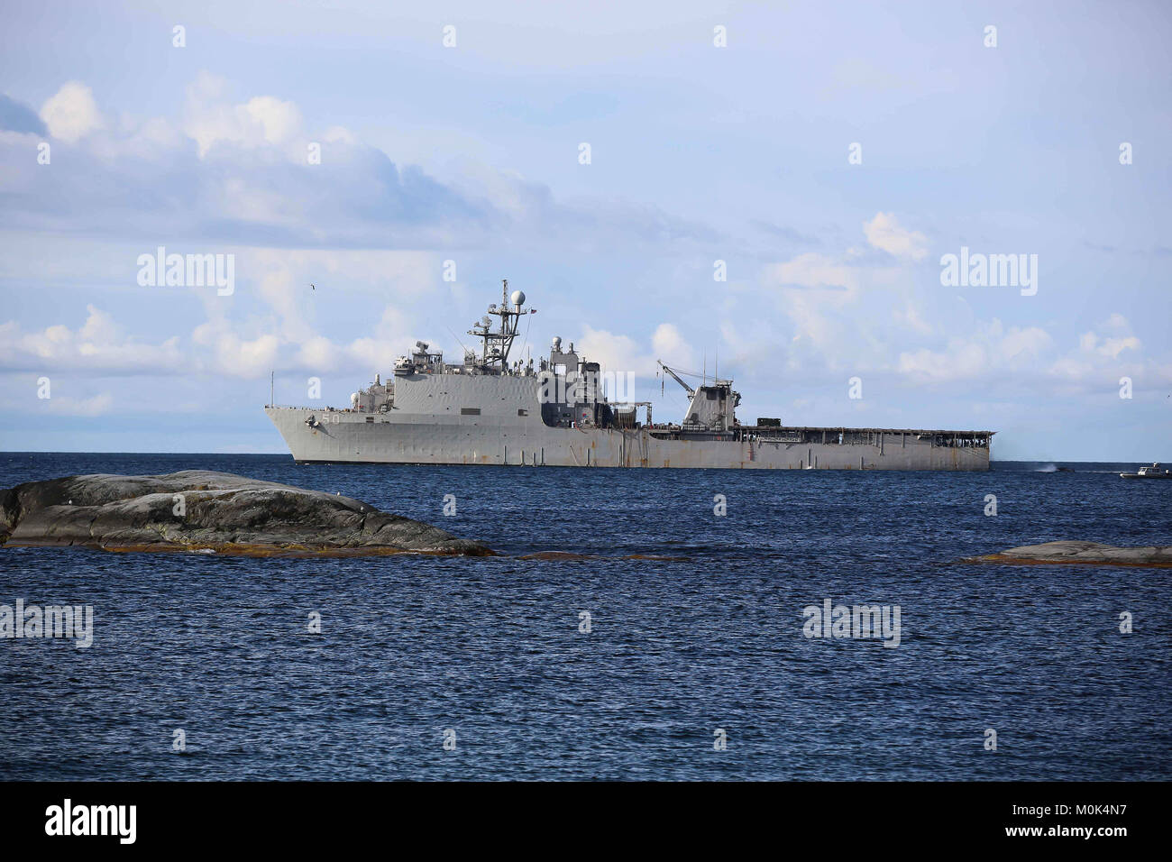 The U.S. Navy Harpers Ferry-class amphibious dock landing ship USS Carter Hall steams underway during exercise BALTOPS June 10, 2016 in the Baltic Sea. Stock Photo