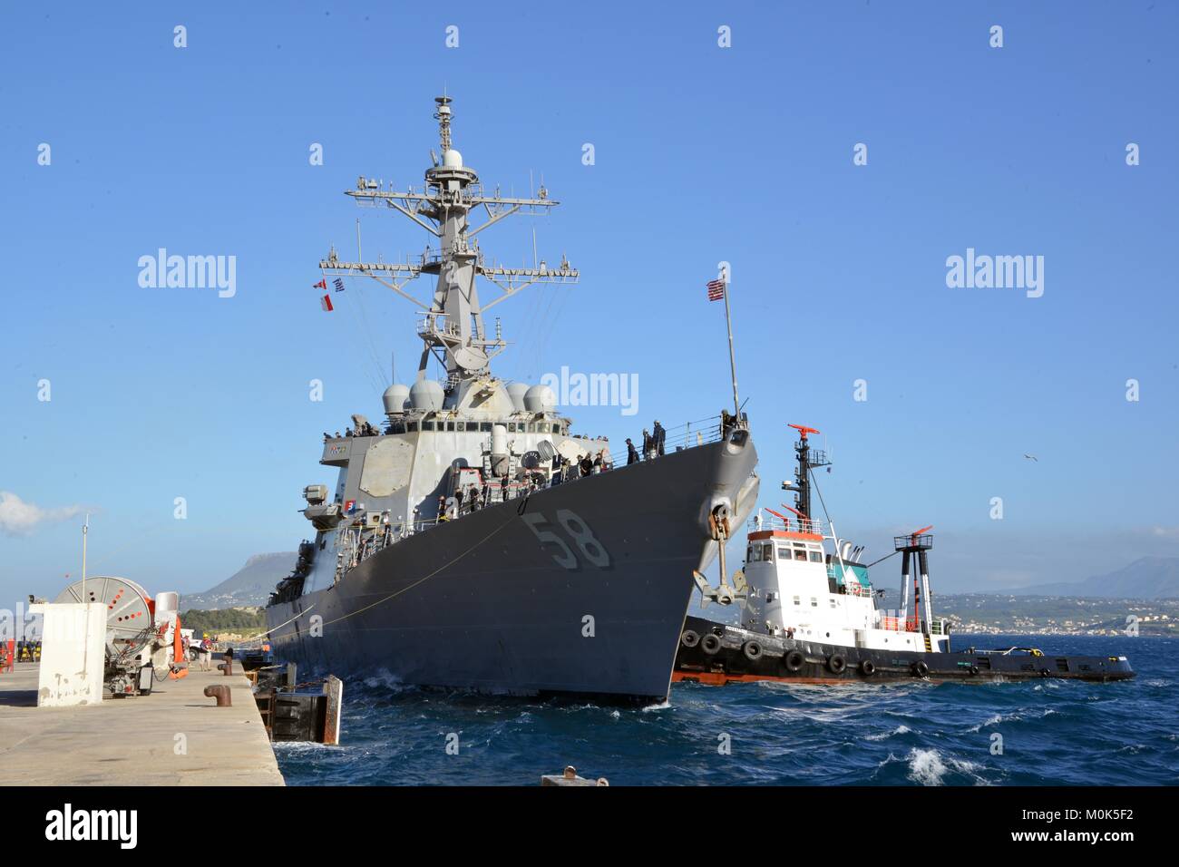 The U.S. Navy Arleigh Burke-class guided-missile destroyer USS Laboon moors at the Marathi NATO Pier Facility April 29, 2015 in Souda Bay, Greece. Stock Photo