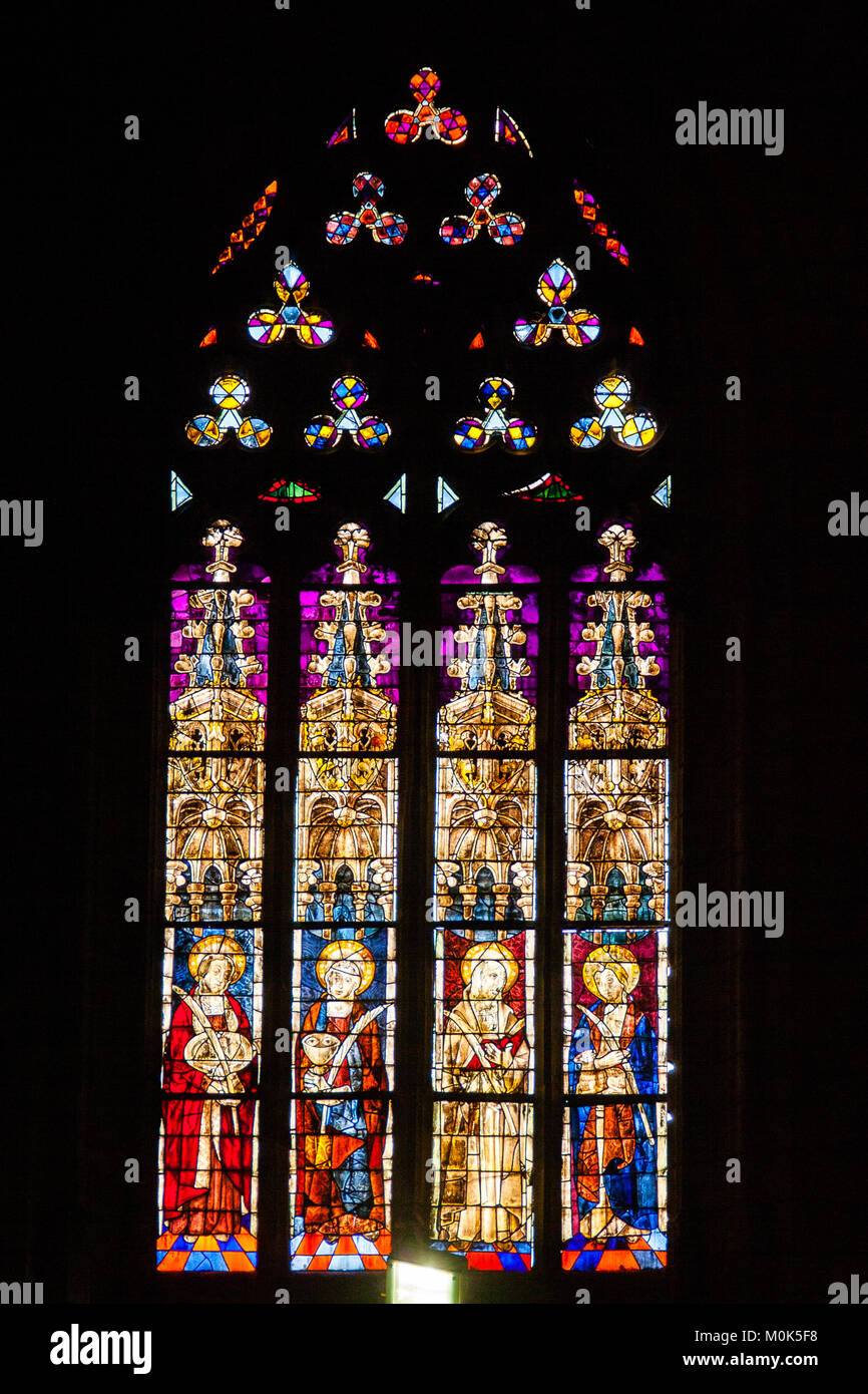 Seville, Andalusia, Spain stained glass window inside of the Seville