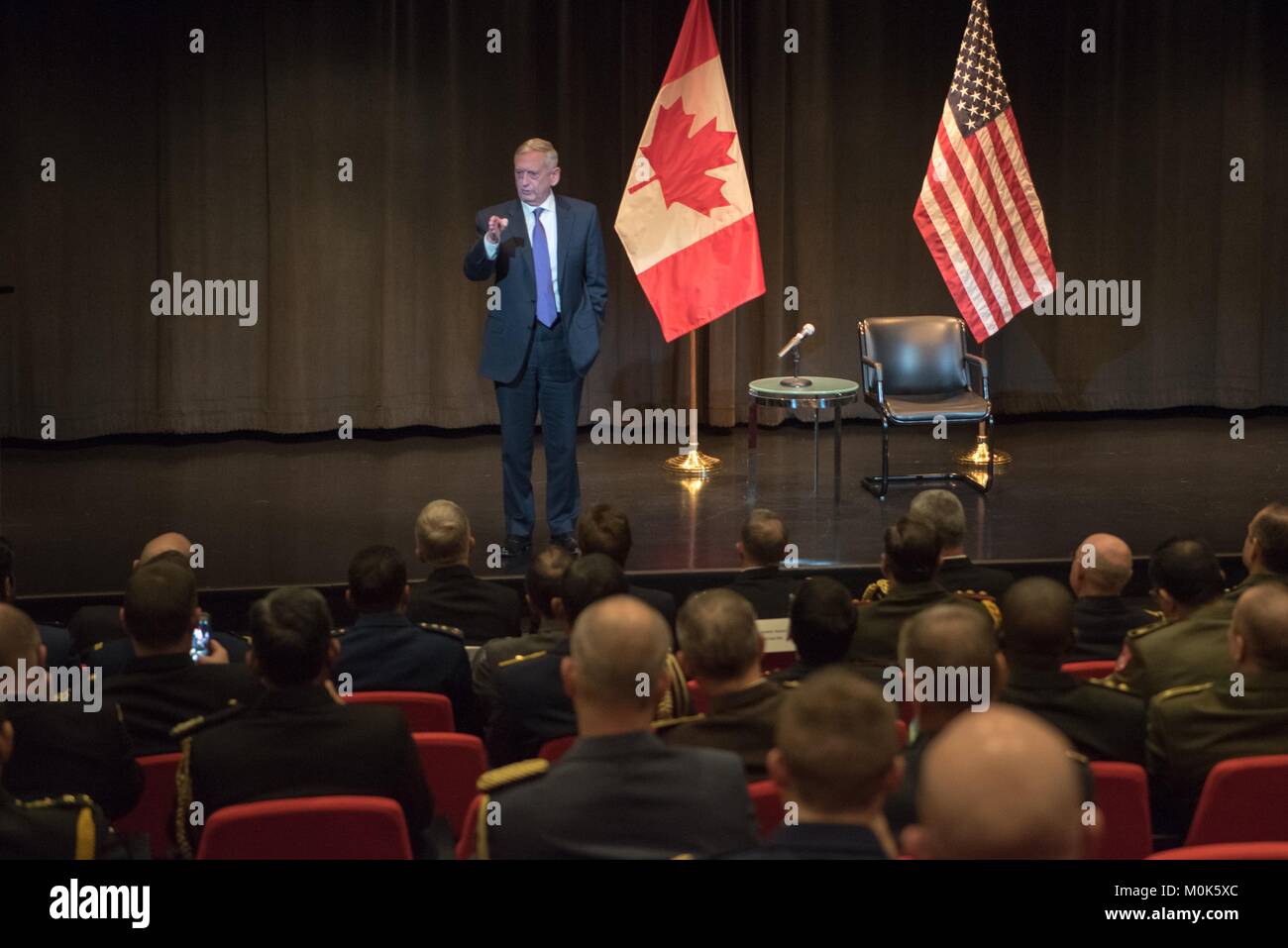 U.S. Defense Secretary James Mattis speaks during a town hall meeting at the Canadian Embassy January 9, 2017 in Washington, DC. Stock Photo