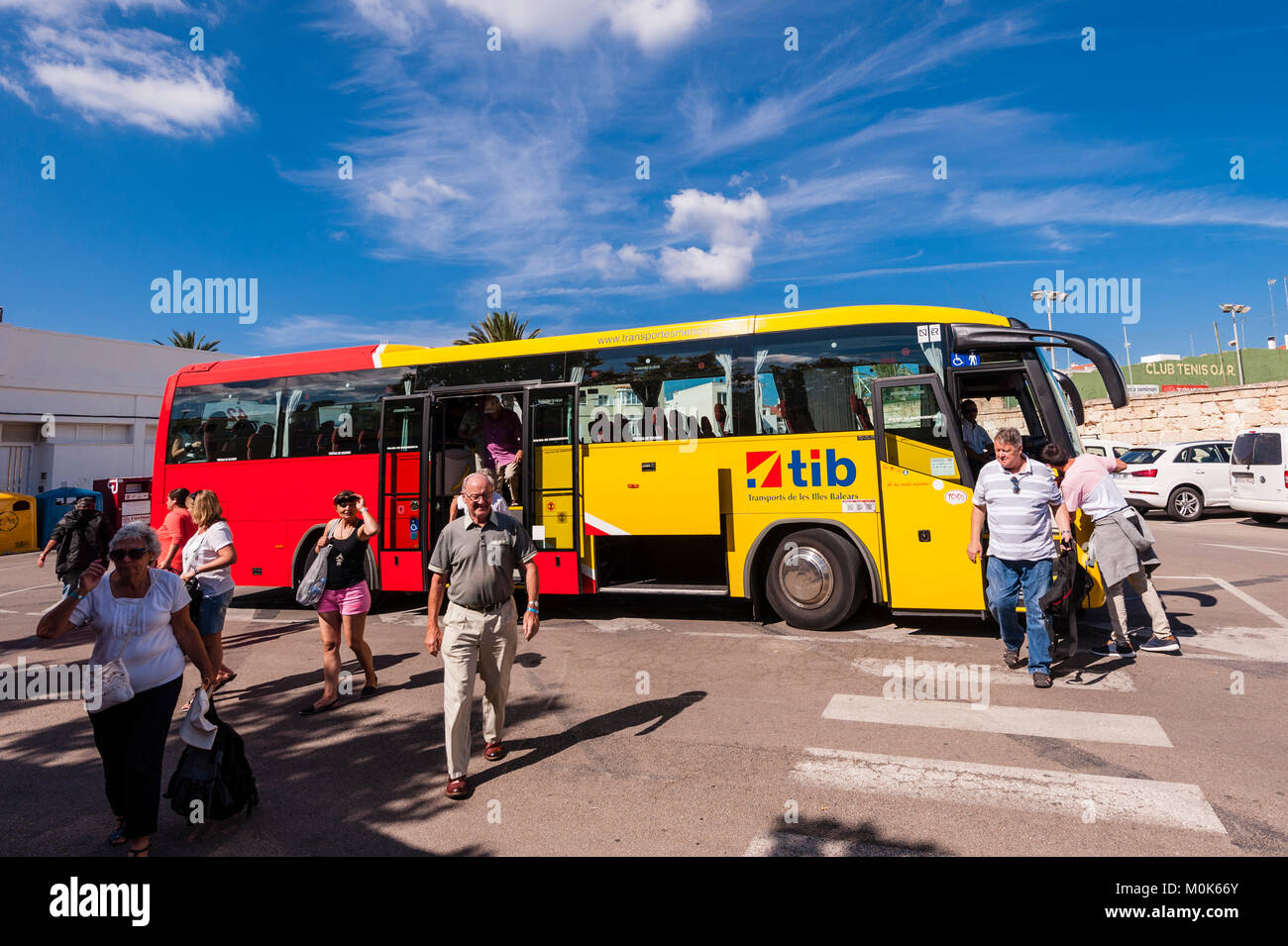 A public transport bus at the bus station in Ciutadella de Menorca , Menorca , Balearic Islands , Spain Stock Photo