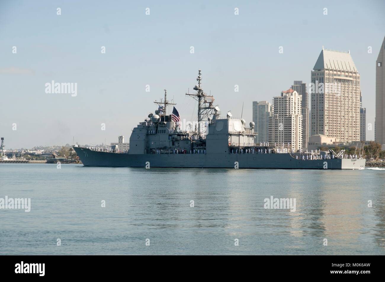 The U.S. Navy Ticonderoga-class guided-missile cruiser USS Cape St. George departs the Naval Base San Diego June 16, 2014 in San Diego, California. Stock Photo