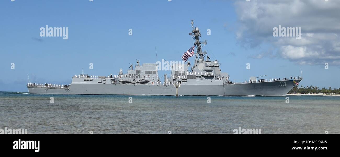 The U.S. Navy Arleigh Burke-class guided-missile destroyer USS John Finn arrives at the Joint Base Pearl Harbor-Hickam July 10, 2017 in Pearl Harbor, Hawaii. Stock Photo