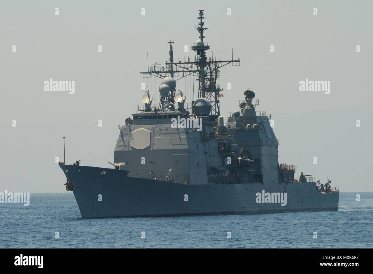 The U.S. Navy Ticonderoga-class guided-missile cruiser USS Cape St. George steams underway August 18, 2015 in the Pacific Ocean. Stock Photo