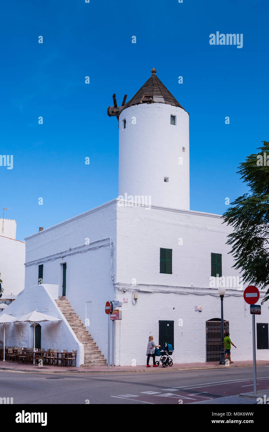 An old windmill turned into a cafe bar restaurant in Ciutadella de Menorca , Menorca , Balearic Islands , Spain Stock Photo
