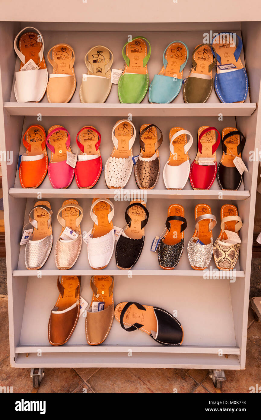 Colourful shoes for sale in Menorca , Menorca , Balearic Islands , Spain Stock Photo