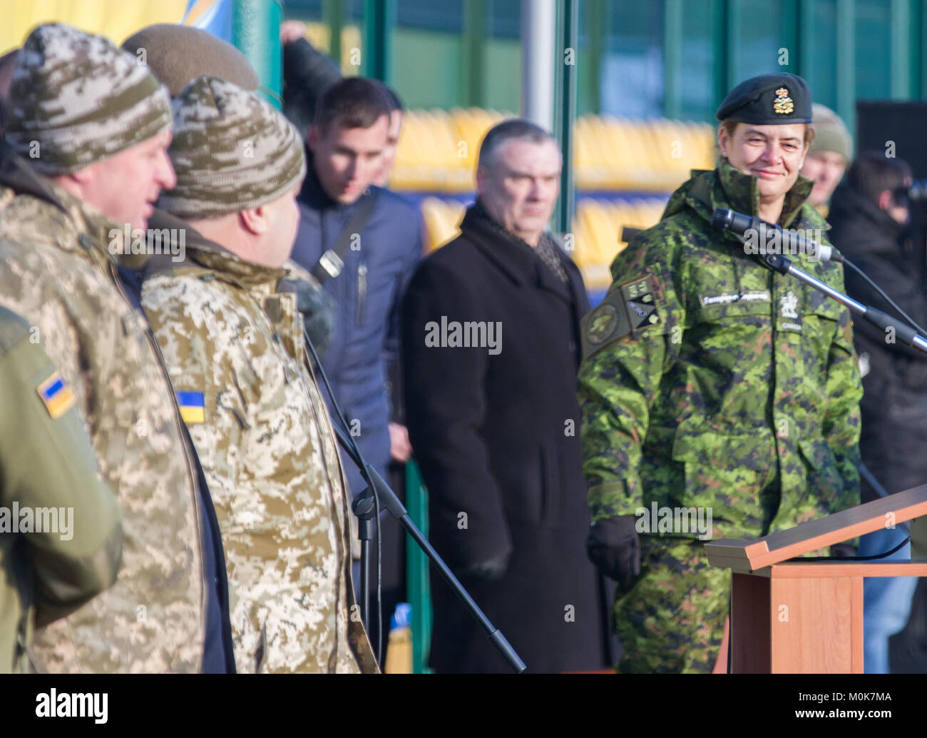 Julie Payette, the Governor General of Canada addresses a group of U.S., Ukrainian, and Canadian troops during a ceremony at the Yavoriv Combat Training Center (CTC) here Jan. 18. Stock Photo