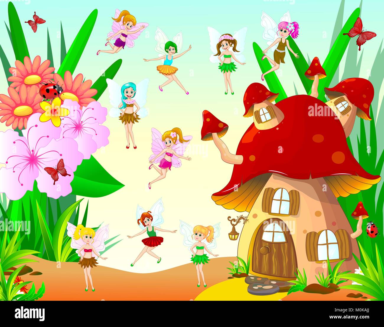 Fairies fly around the mushroom house. Fairies fly around the mushroom house. Fairies next to the mushroom house and flowers. Stock Vector