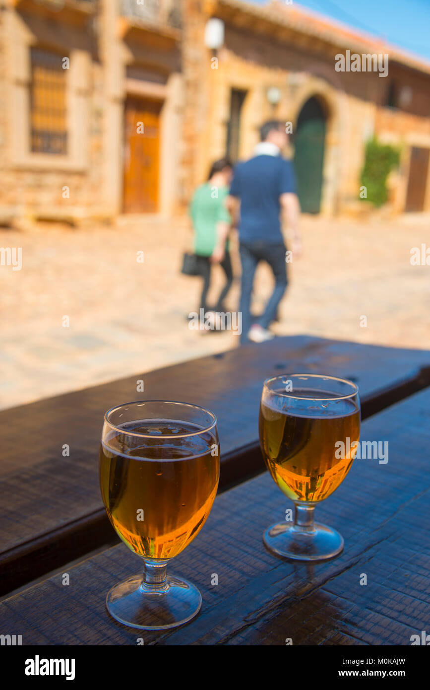 Two glasses of beer in a terrace. Castrillo de los Polvazares, Leon, Spain. Stock Photo