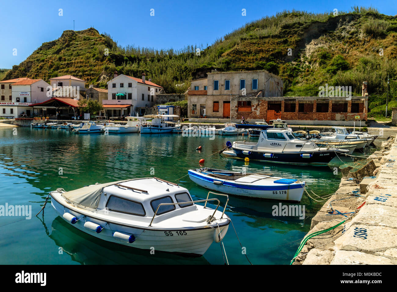 Harbour on the island of Susak, near Losinj, Croatia. May 2017. Stock Photo