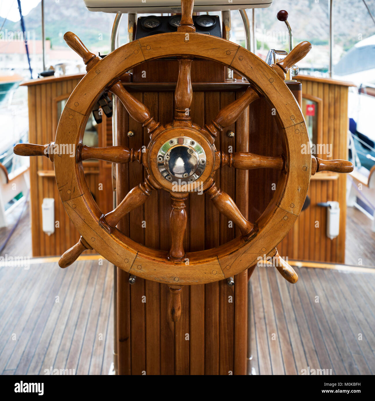 Wooden steering wheel on a boat; Kotor, Montenegro Stock Photo Alamy