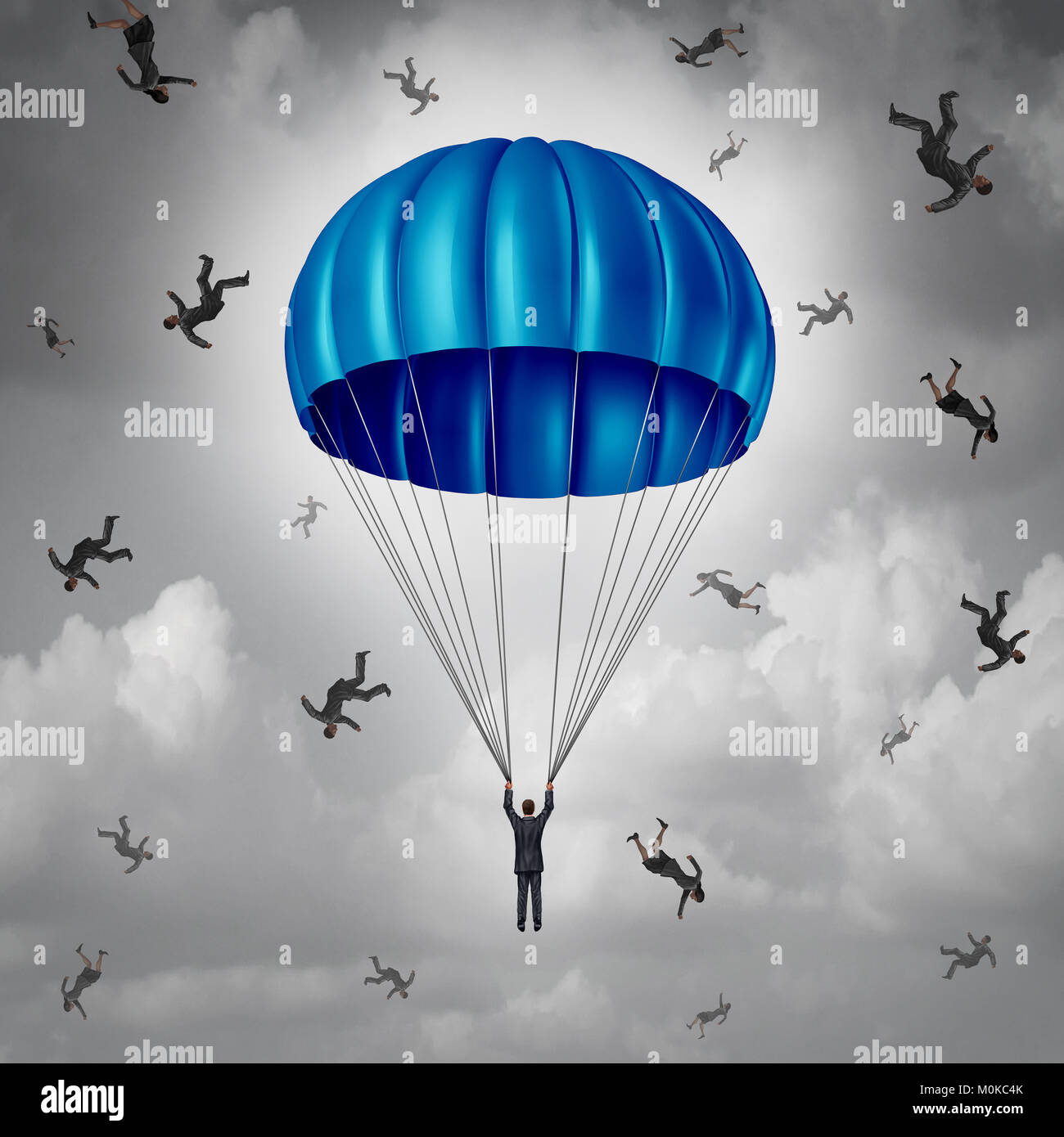 Corporate insurance and business protection concept as a businessman with a blue parachute being saved while others falling. Stock Photo