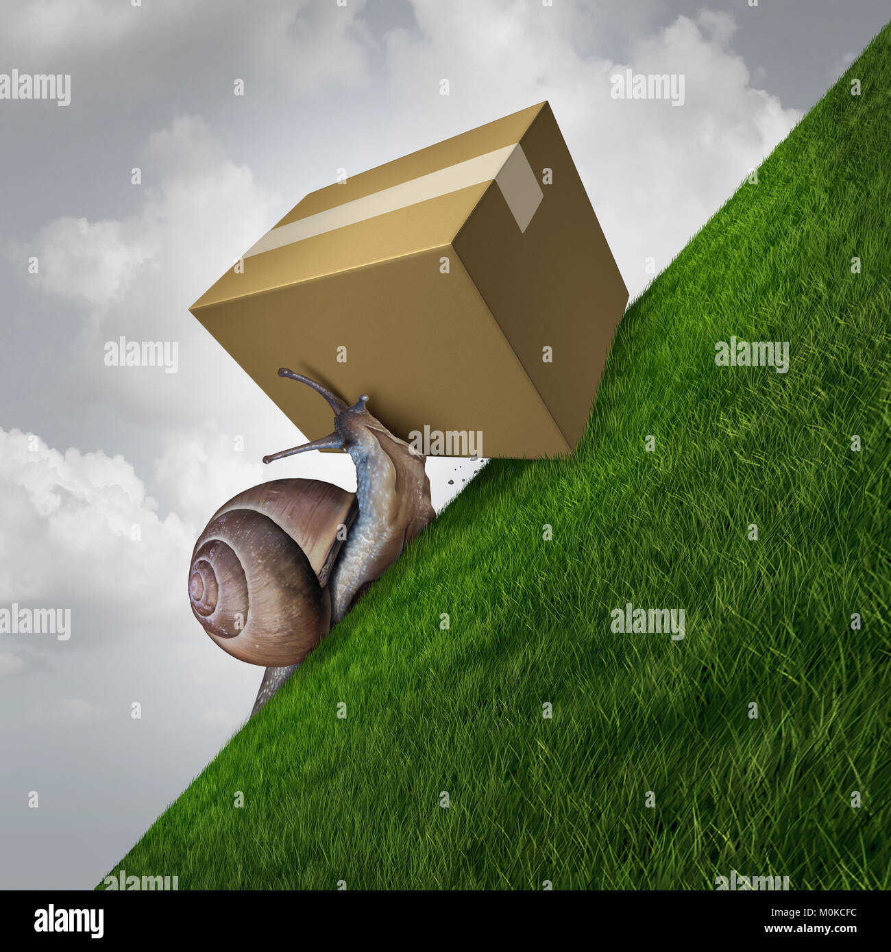 Slow delivery and package shipping as a snail pushing a cardboard box parcel up ahill as a postal service concept with 3D illustration elements. Stock Photo