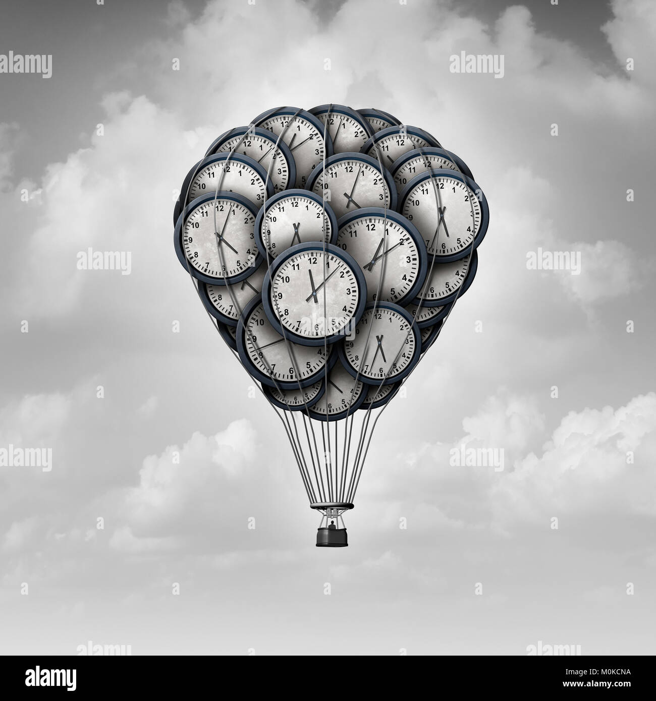 Time journey concept and age exploration idea as a group of clocks shaped as a hot air balloon with 3D illustration elements. Stock Photo