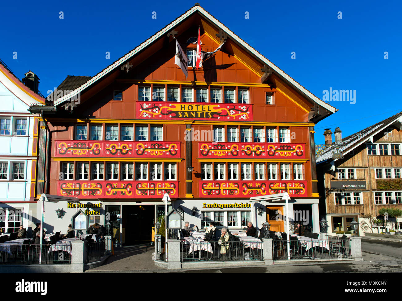 Hotel Säntis with magnificent facade on the Landsgemeindeplatz, Appenzell, capital of the canton of Appenzell Innerrhoden, Switzerland Stock Photo