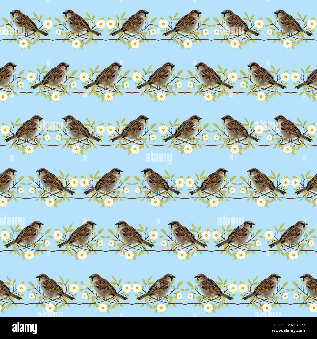 Nature pattern with perched sparrows, twigs and daisies on a light blue ...
