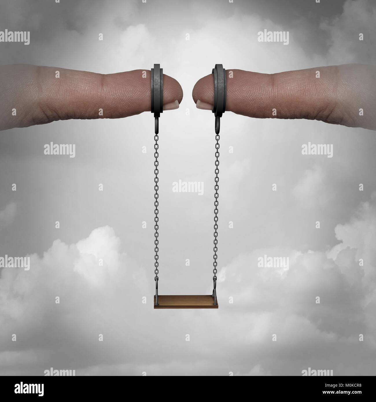 Supporting youth and parenting skills for children as human fingers holding a swing as a childhood development idea with 3D illustration elements. Stock Photo